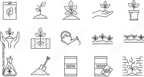 Comprehensive 15-Icon Set for Seed Sowing, Plant Growth, Gardening, and Scientific Research, Black Line Art Vector Collection, Editable Stroke Icons.