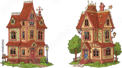 Detailed Whimsical Fairy Tale Houses Vector Illustration, Vintage Cottage Style Mansions with Red Roofs and Garden for Fantasy Storybook Graphics