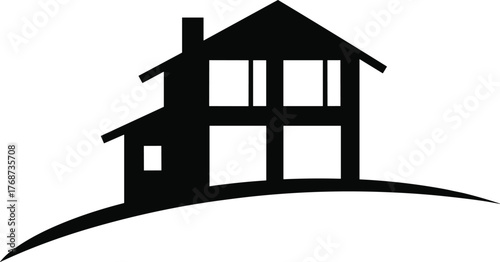 Simple Two-Story House Icon Vector Silhouette, Modern Residential Property Logo on Wavy Hill, Real Estate and Home Building Minimalist Black Graphic