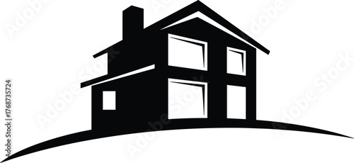 Modern Two-Story House Silhouette Logo Vector on Wavy Hill, Real Estate and Property Company Symbol, Housing Development Architecture Black Icon