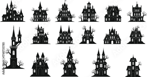 Spooky Haunted House Silhouettes Vector Collection Isolated on White Background, Scary Halloween Mansion Castles, Creepy Black Buildings Graphic Design Element