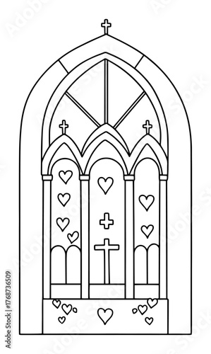 Gothic church window outline with crosses and hearts – minimalist sacred altar vector illustration