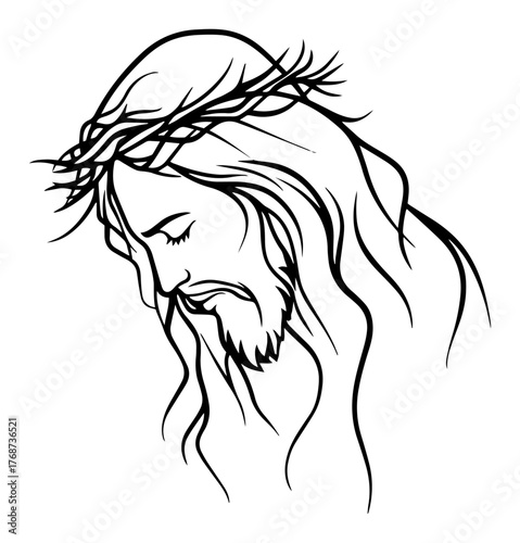 Canvas Print Jesus with crown of thorns sorrowful profile – sacred line art vector illustrati