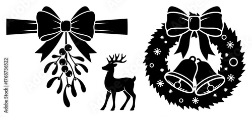 Christmas bows and wreath icons set – festive holiday vector silhouettes with deer and bells