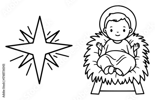Baby Jesus in manger with Bethlehem star – cute nativity line art vector illustration