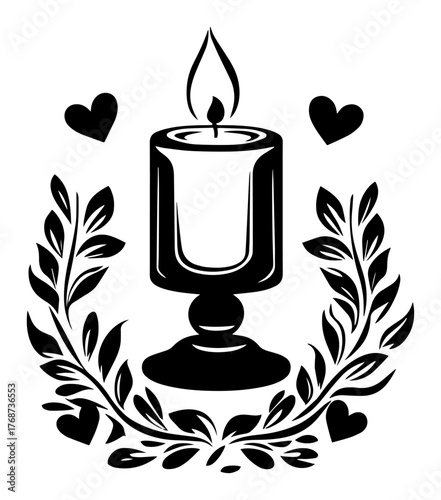 Romantic candle with leafy wreath and hearts – cozy decorative vector illustration