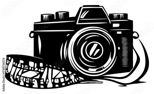 Retro film camera with roll – vintage photography vector illustration