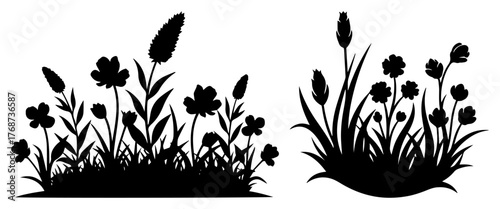 Wildflower meadow silhouettes set – decorative grass and floral clump vector illustration