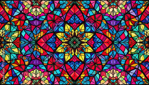 Seamless pattern of colorful stained glass elements