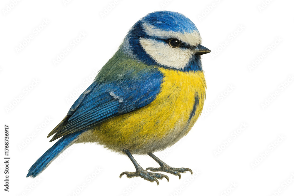 Obraz premium Blue tit bird perching, eurasian songbird with blue and yellow feathers standing, wildlife closeup on transparent background