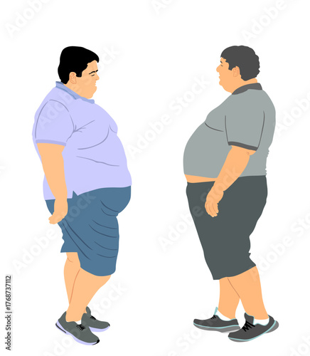 Big belly fat boys talking vector illustration isolated on background. Big fat man against overweight friend. Health care occupation, conversation about loosing weight and successful diet.