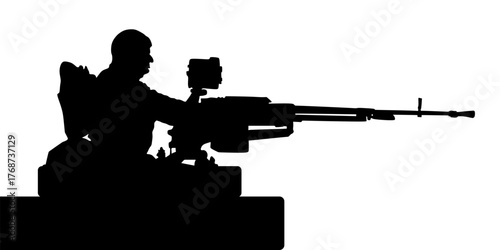 Military battle machine gunner aiming vector silhouette illustration isolated on white background. Soldier man with powerful rifle on top of tank. Tanker soldier operates deadly weapon. Ground troops.