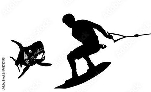 Life treat man surfer on surf board in danger of shark attack open jaws bite vector silhouette isolated. Beach boy swimming surfing outdoor sport activity. Swimmer summer enjoy in water ski in ocean