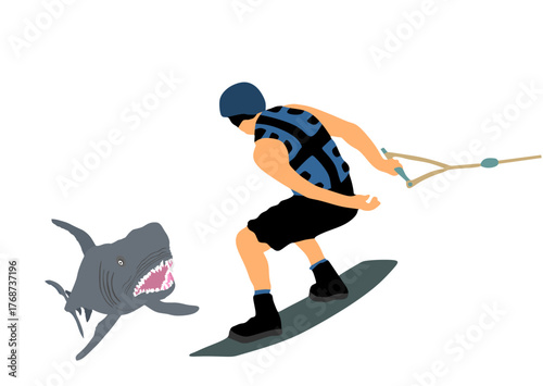Canvas Print Life treat man surfer on surf board in danger of shark attack open jaws bite vector illustration isolated