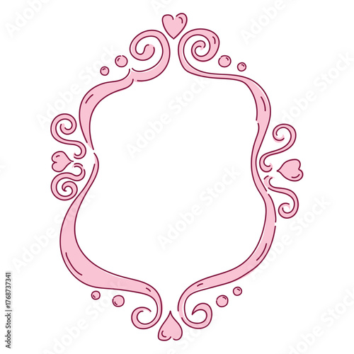 A delicate pink frame with curls and hearts for Valentine's Day for a little princess. Vector element in a coquette aesthetic for weddings, invitations, personal diary, and scrapbooks.