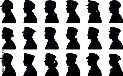 Collection of diverse people silhouettes wearing hats and caps isolated
