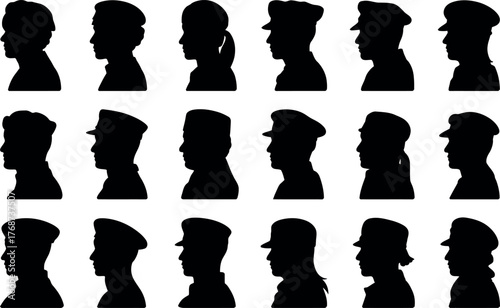 Diverse profile silhouette portraits of people in various hats and styles