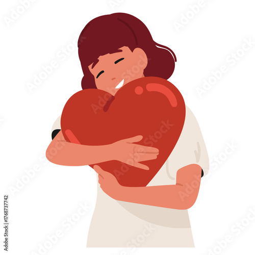Teenage girl cartoon character embracing heart with love cherished feelings isolated on white