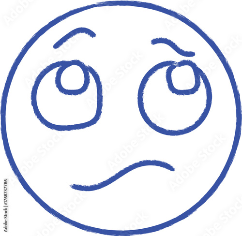Hand drawn blue line art emoji face showing confusion and doubt with rolling eyes and a questioning expression