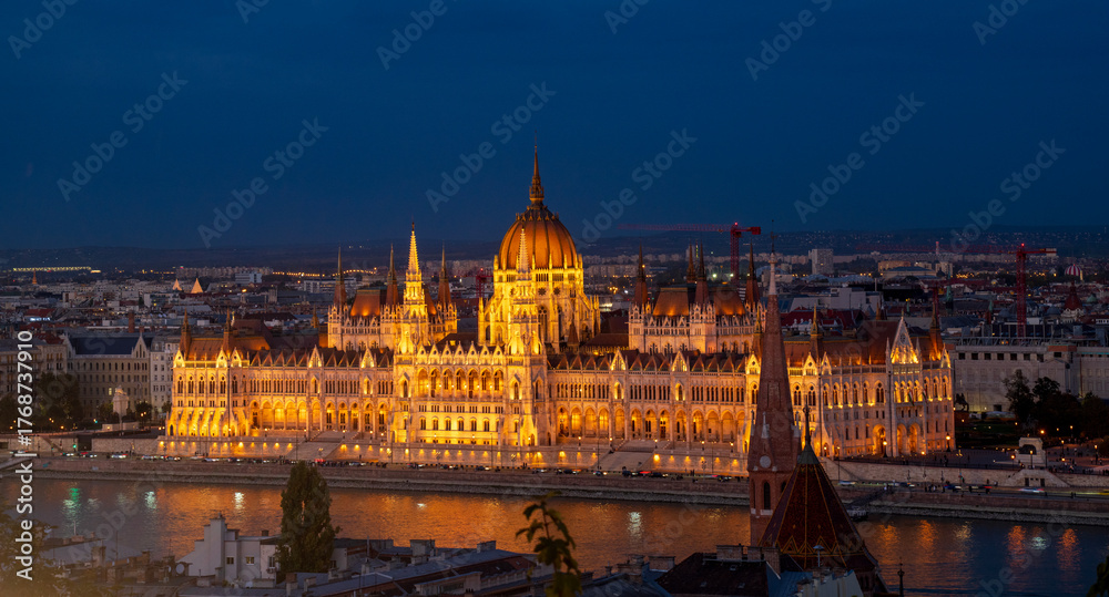 Fototapeta premium Parliament from Fisherman's bastion at night in Budapest, Hungary