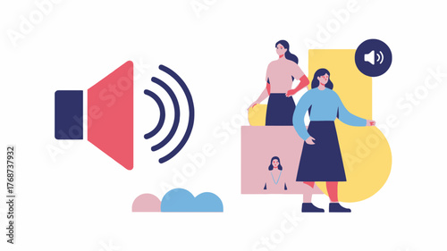 Digital communication and sound technology concept with people in video calls and a speaker icon representing audio