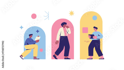 Modern flat illustration of three diverse people engaged in digital tasks and contemplation within colorful abstract archways