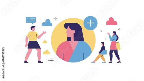 Diverse group of people interacting with a central profile icon and communication symbols representing connection and community