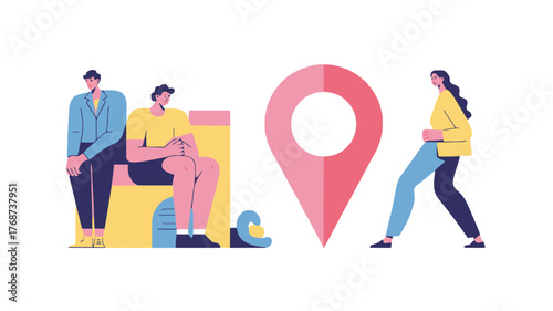 Diverse group of people interacting with a large location pin symbol representing navigation and connection