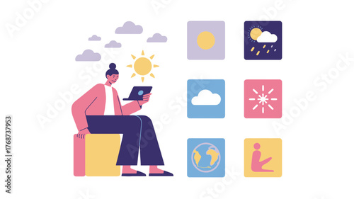 Woman using a tablet to check weather forecasts and global climate data with various weather icons displayed