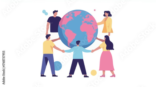 Diverse group of people holding hands around the planet earth symbolizing global unity and cooperation for a better future
