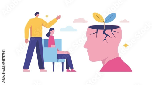 Therapist guides patient towards mental growth and self discovery with a plant sprouting from an open head symbolizing new ideas and healing
