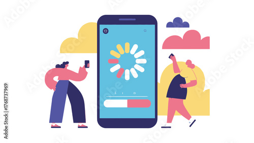 Two people using smartphones with a loading screen on a large mobile device illustration
