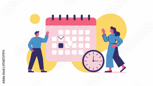 Diverse team members planning and scheduling tasks on a calendar with a clock symbolizing time management and deadlines