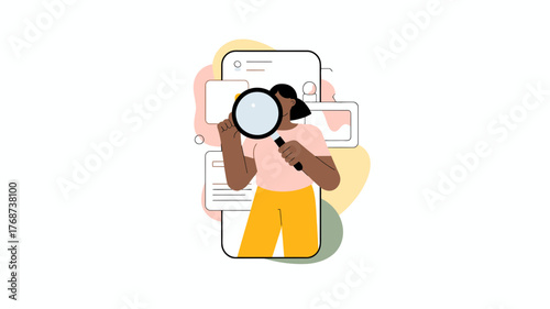Person holding a magnifying glass to examine data and information on a digital device screen with abstract shapes