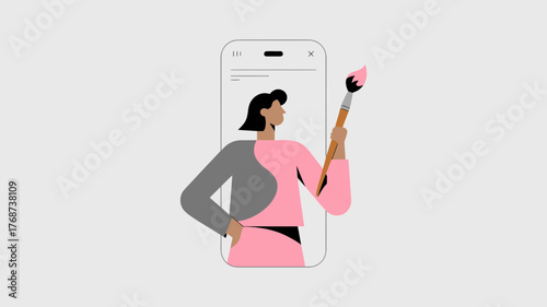 Creative professional artist emerging from smartphone screen holding a paintbrush with pink paint