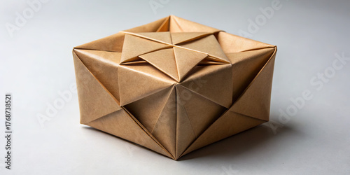 A handcrafted origami box sits on a smooth surface, skillfully formed with multiple geometric folds and sharp edges. The box exhibits a clean, minimalist design
