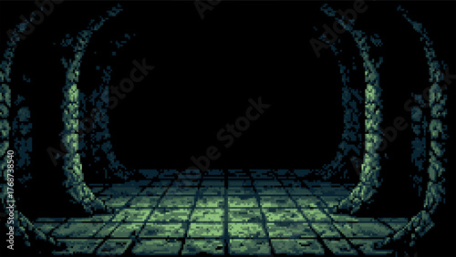 Pixel art dungeon corridor with tiled floor and stone archways. Retro video game background for adventure or fantasy setting. Y2k digital graphic concept.