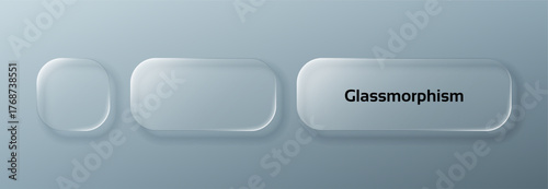 Three glassmorphism style elements on gray background. Translucent liquid glass user interface button concept. Modern design for web or app.