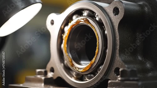 Glistening with grease, a large ball bearing rotates smoothly in its housing.