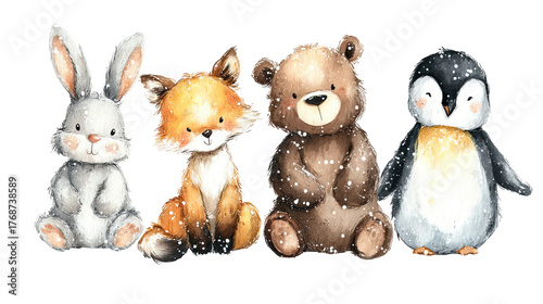Cute winter animals bunny fox bear penguin watercolor illustration transparent background