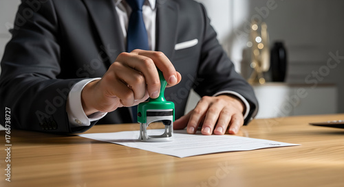 Man Stamping Document Business Approval Green Stamp Copy Space