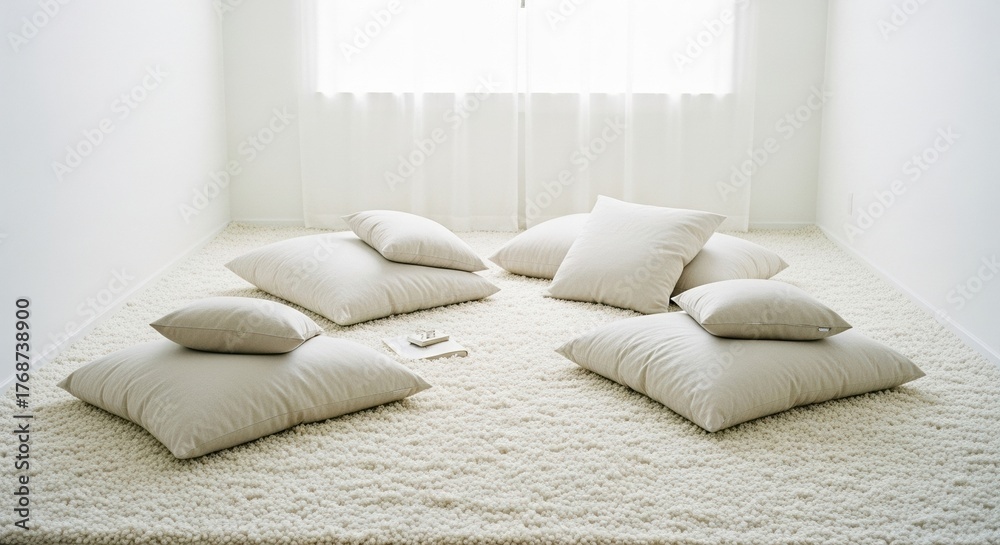 Obraz premium Minimalist home meditation corner with soft beige pillows and morning light creating a peaceful space for relaxation