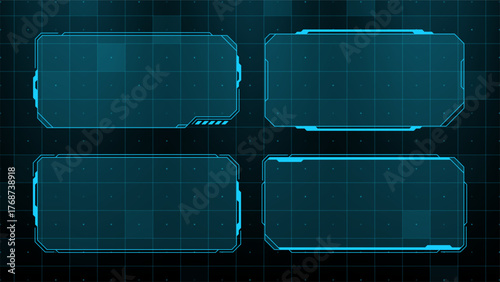 Blue hud vector frames and panels set on grid background. Futuristic user interface technology element for digital display. Data visualization concept with wireframe gui.