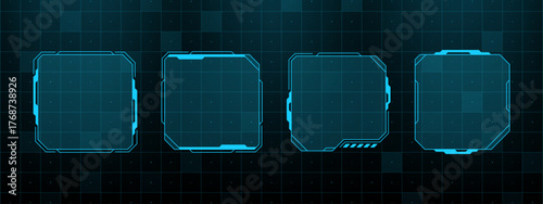 Collection of four futuristic interface frames. Head up display ui element for sci fi game or virtual reality application. Digital technology and data concept.