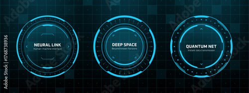 Futuristic digital interface with neural link, deep space, and quantum net concepts. Advanced technology display for virtual reality and sci-fi design.
