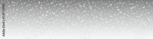 A realistic falling snow overlay on a gray gradient festive winter background with snowstorm and bokeh. A modern vector, white overlay with special light effect, for Christmas, New Year holiday design