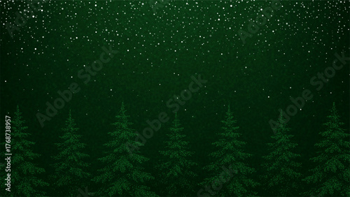 Christmas vector background with snow falling over green pine trees in a winter forest night for a holiday greeting card design.
