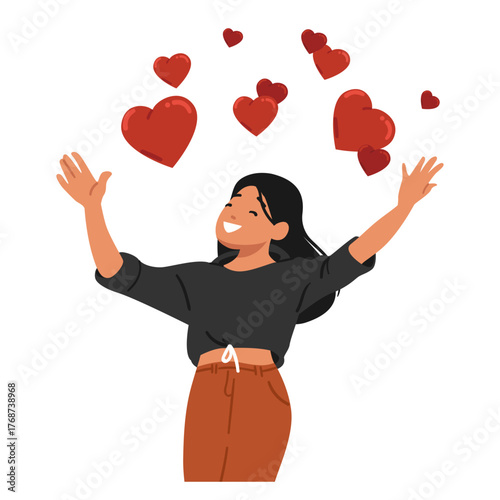 Happy joyful teenage girl cartoon character standing under rain of love hearts isolated on white