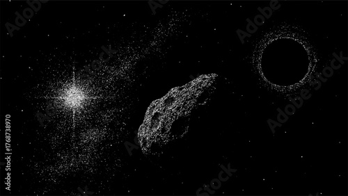 Asteroid in outer space near bright star and black hole. Astronomical illustration with dot grain stipple noise vector effect. Interstellar journey concept.