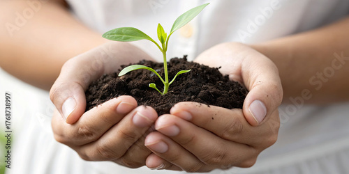 Two hands hold rich soil with a small green plant sprouting from it. The scene captures a moment of nurture and connection with nature, indicating hope and growth